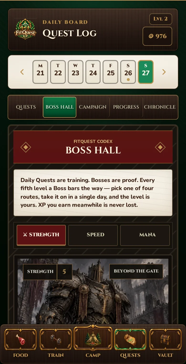 The genuine FitQuest Boss Hall showing its rules, stat gates and Boss roster