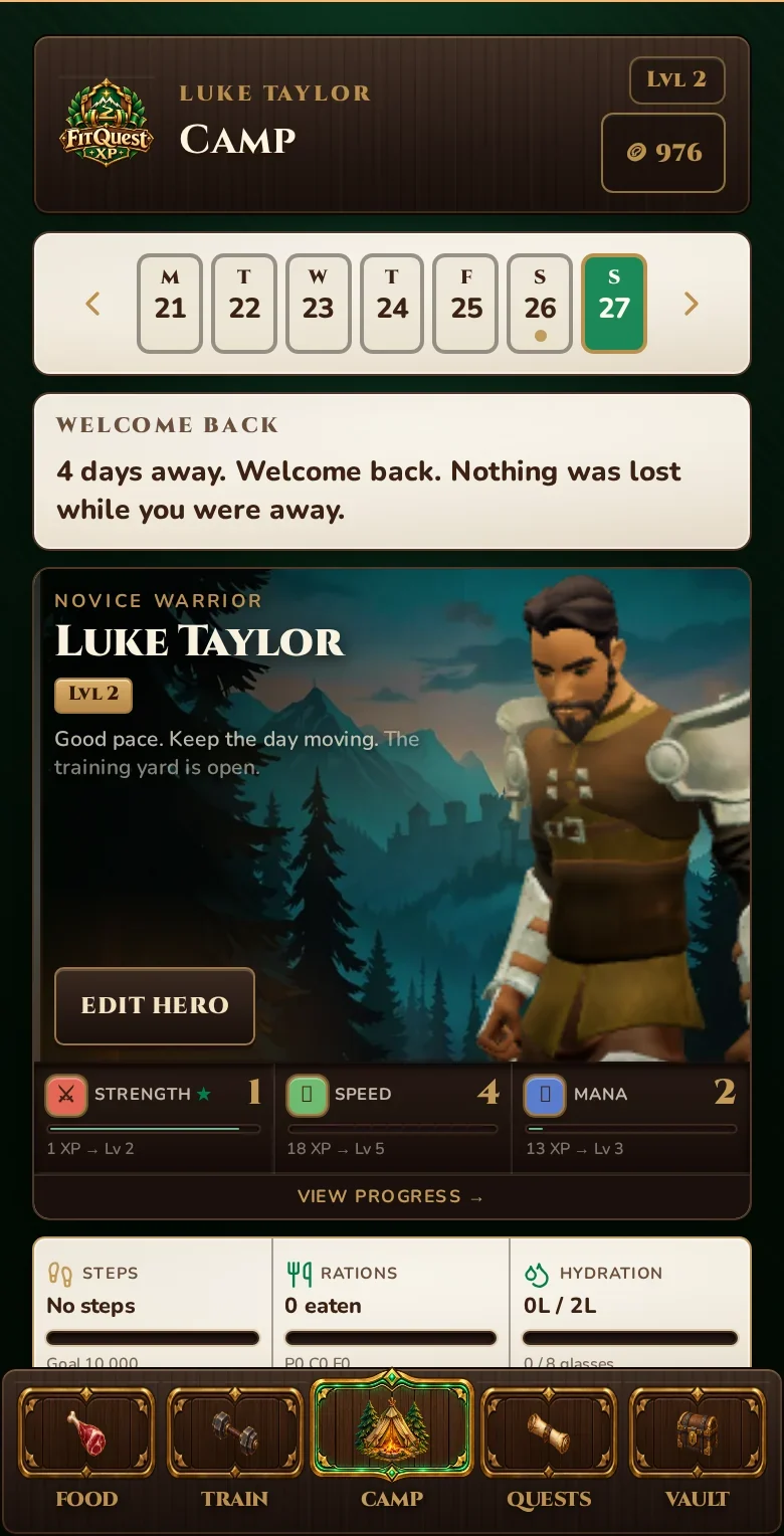 The genuine FitQuest Camp screen with hero, stat progress, daily stats and navigation