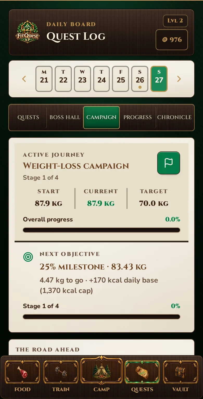The genuine FitQuest Weight-Loss Campaign showing the target, next objective and milestone path